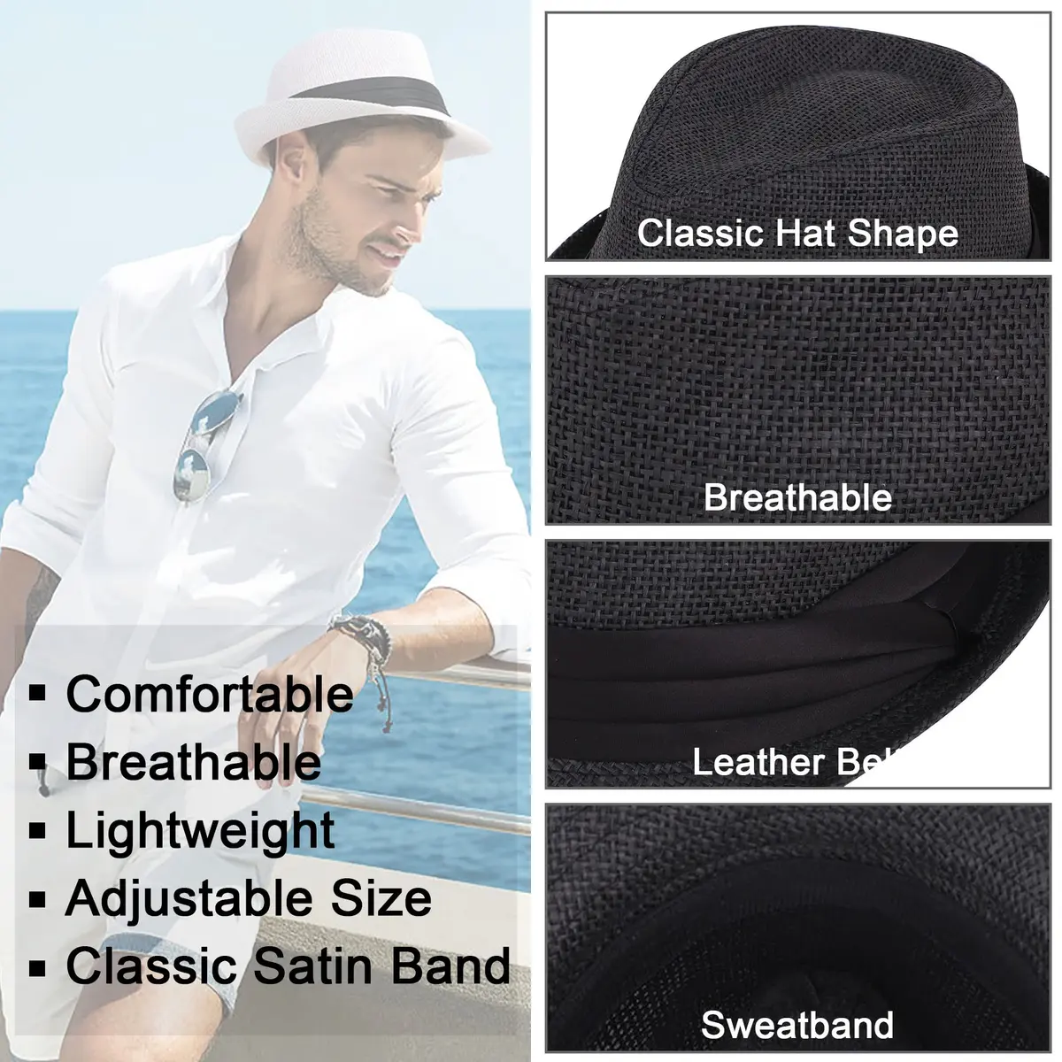 Simplicity Fedora Hats for Men Black Fedora Straw Trilby Short Brim | Summer Unisex Sun Accessory - view 3