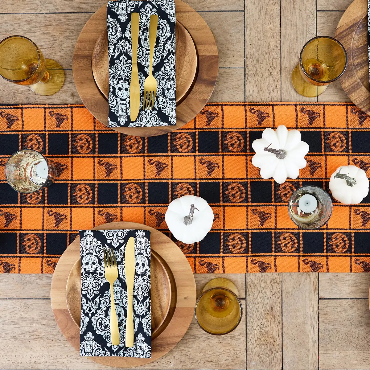 DII Halloween Party Tabletop Decor, Reusable & Machine Washable Cotton Fabric, Table Runner, 14x72, Orange & Black Buffalo Check | Spooky Halloween Decor - view 5