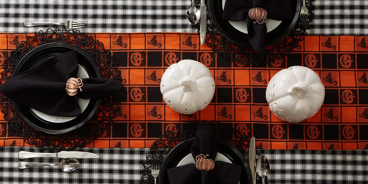 DII Halloween Party Tabletop Decor, Reusable & Machine Washable Cotton Fabric, Table Runner, 14x72, Orange & Black Buffalo Check | Spooky Halloween Decor - view 6