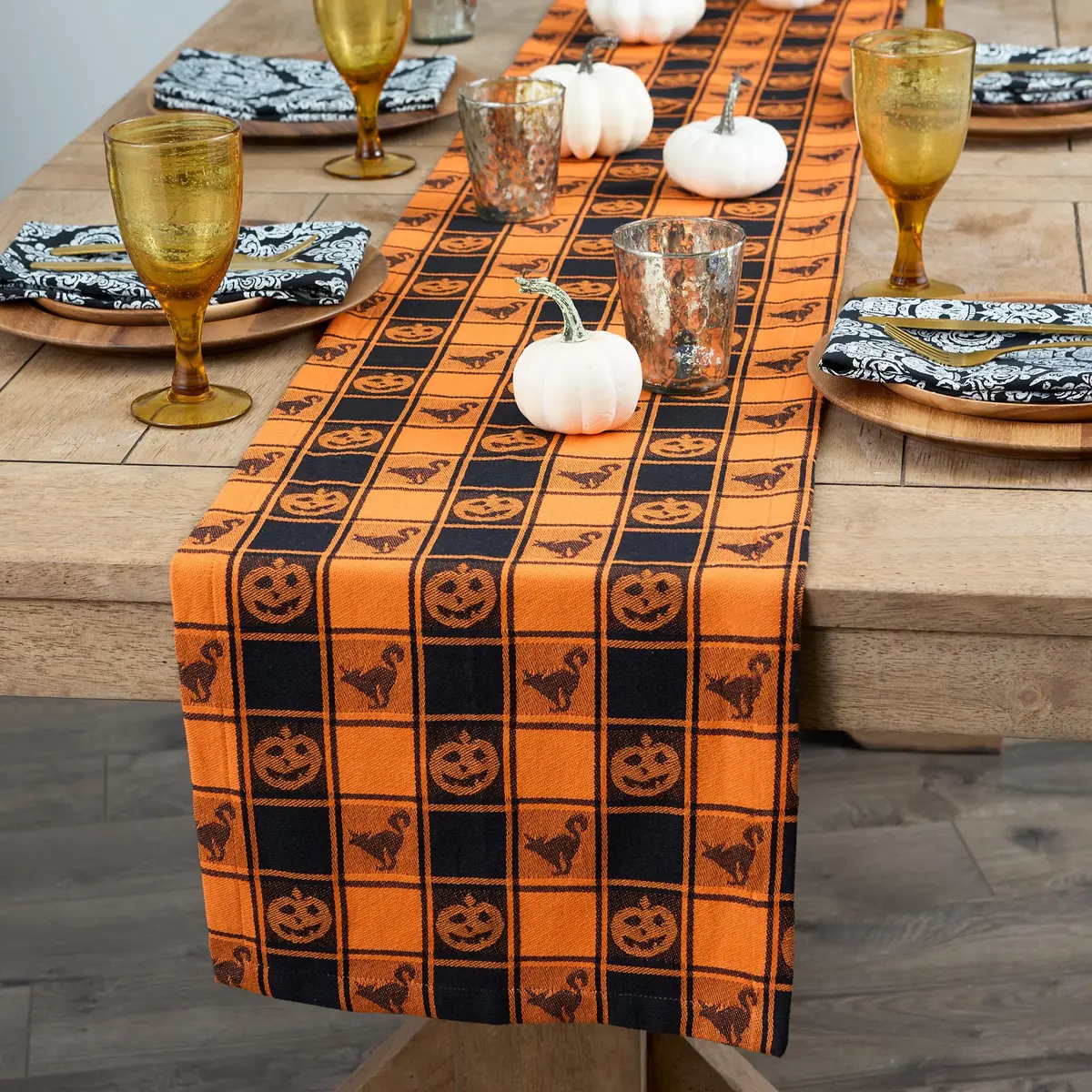 DII Halloween Party Tabletop Decor, Reusable & Machine Washable Cotton Fabric, Table Runner, 14x72, Orange & Black Buffalo Check | Spooky Halloween Decor - view 4