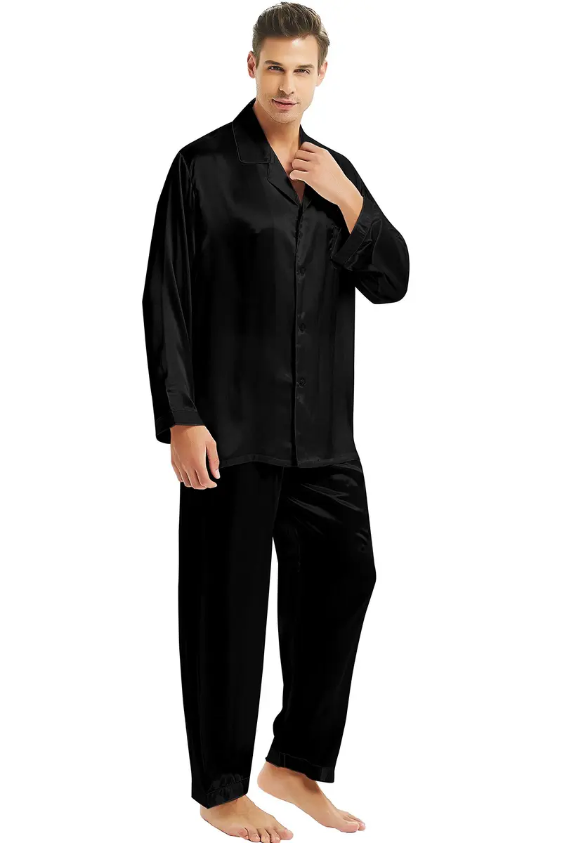 Lonxu Mens Silk Satin Pajamas Set, Black, M | Silky Sleepwear for Men - main product image