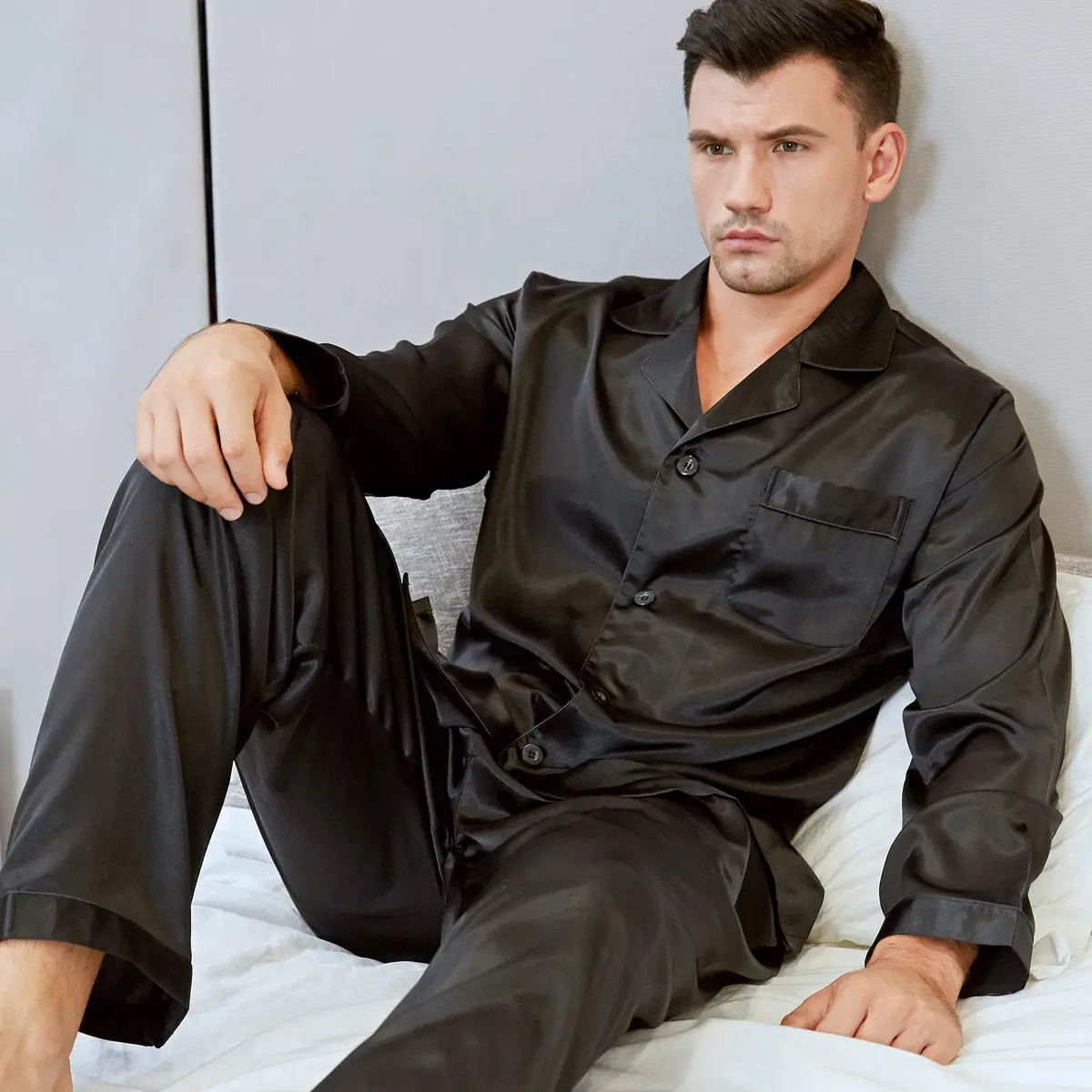 Lonxu Mens Silk Satin Pajamas Set, Black, M | Silky Sleepwear for Men - view 5