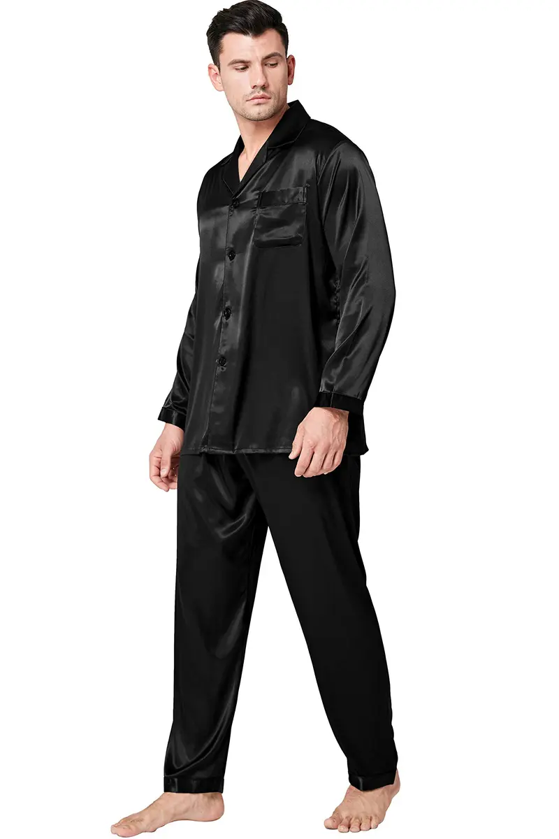 Lonxu Mens Silk Satin Pajamas Set, Black, M | Silky Sleepwear for Men - view 2