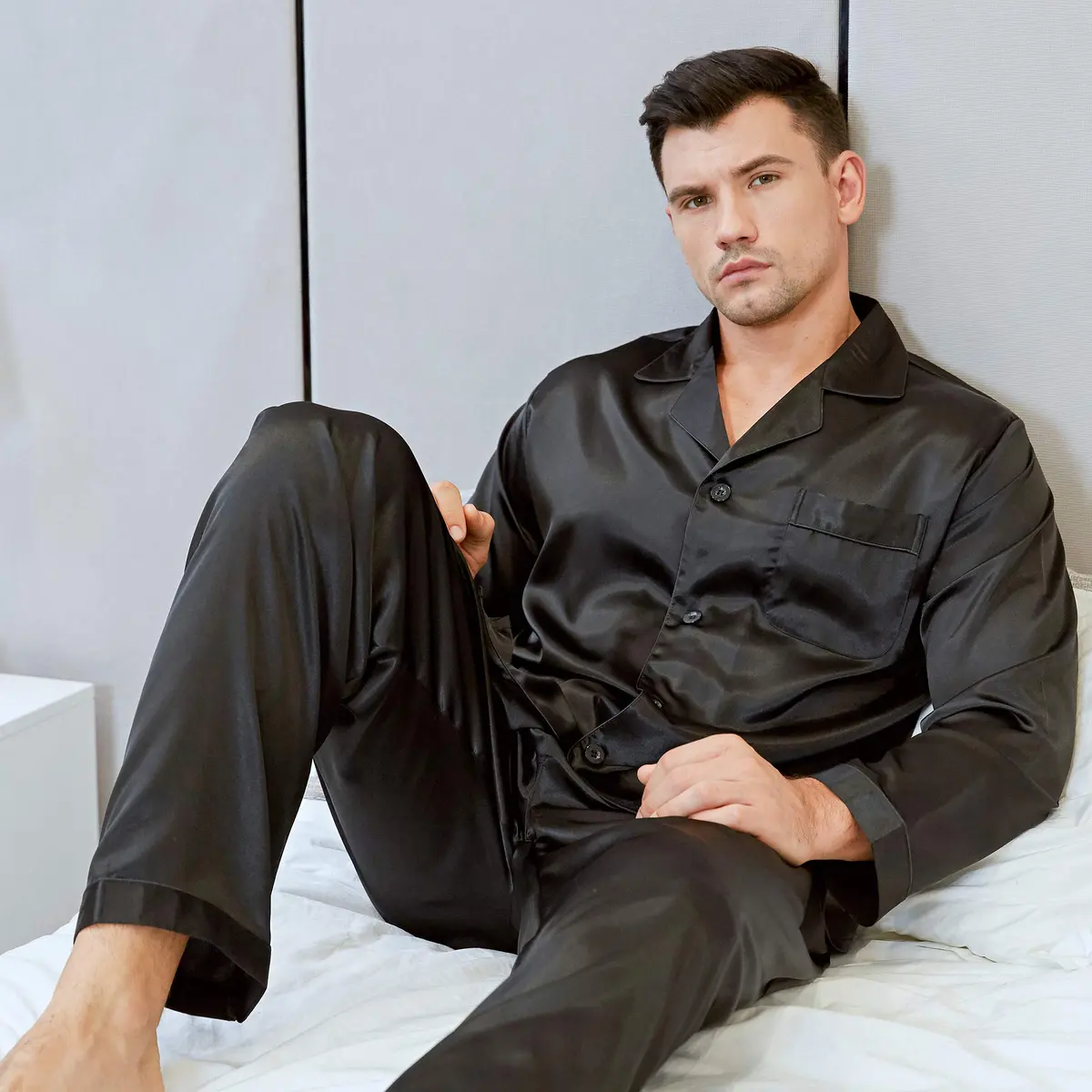 Lonxu Mens Silk Satin Pajamas Set, Black, M | Silky Sleepwear for Men - view 3