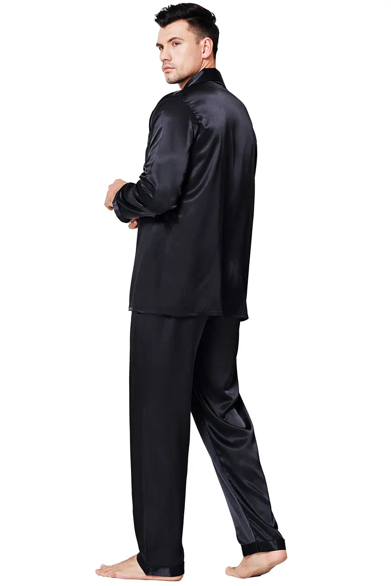 Lonxu Mens Silk Satin Pajamas Set, Black, M | Silky Sleepwear for Men - view 4