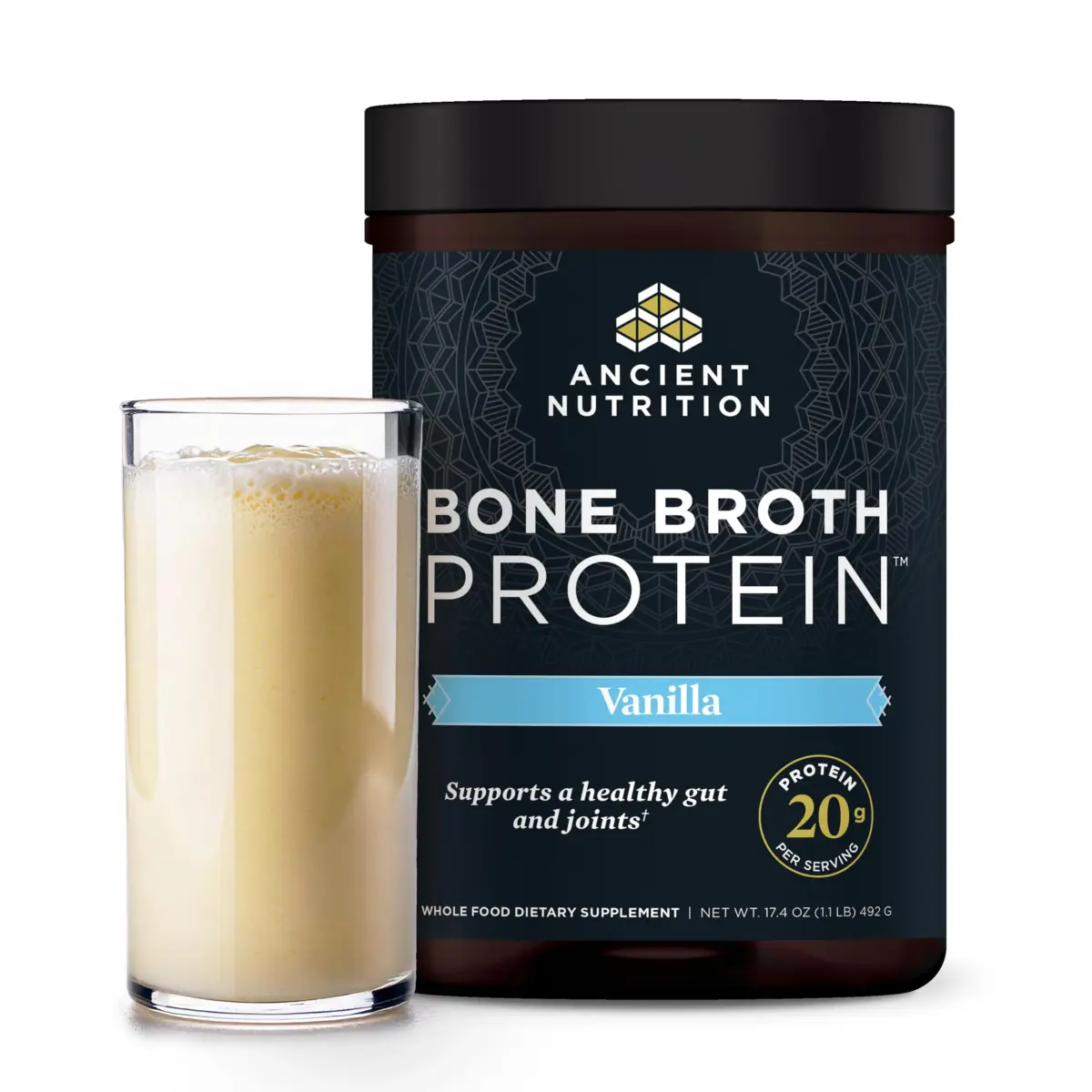 Ancient Nutrition Bone Broth Protein Powder Vanilla 20 Servings (590g / 1.3lb) | 20g Protein Per Serving - main product image