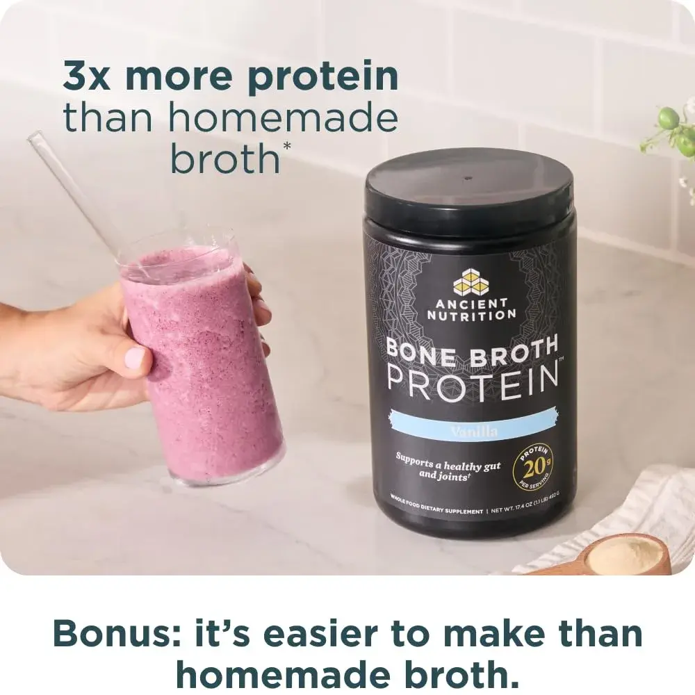 Ancient Nutrition Bone Broth Protein Powder Vanilla 20 Servings (590g / 1.3lb) | 20g Protein Per Serving - view 7