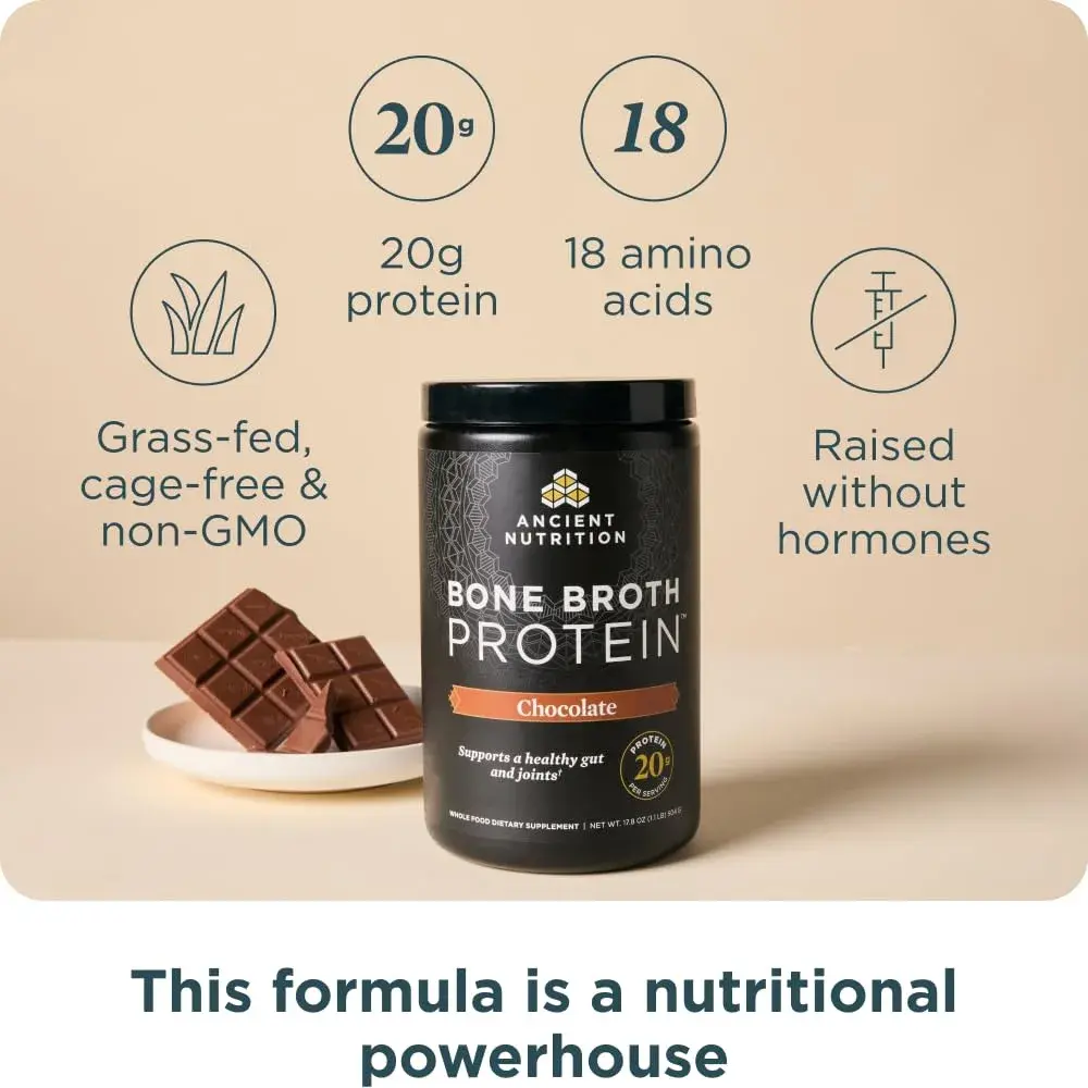 Ancient Nutrition Chocolate Bone Broth Protein Powder 17.8oz (808g) | 20g Protein Per Serving, Gluten-Free - view 2