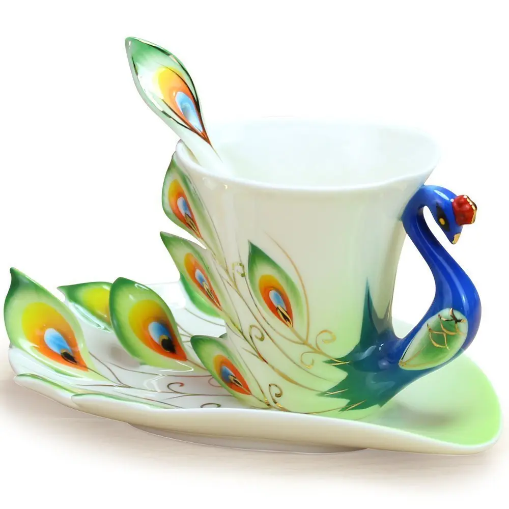 vanki Peacock Theme Porcelain Tea Cup and Saucer Set with Spoon, 200ml (6.8 Fl Oz) | Romantic Creative Present - main product image