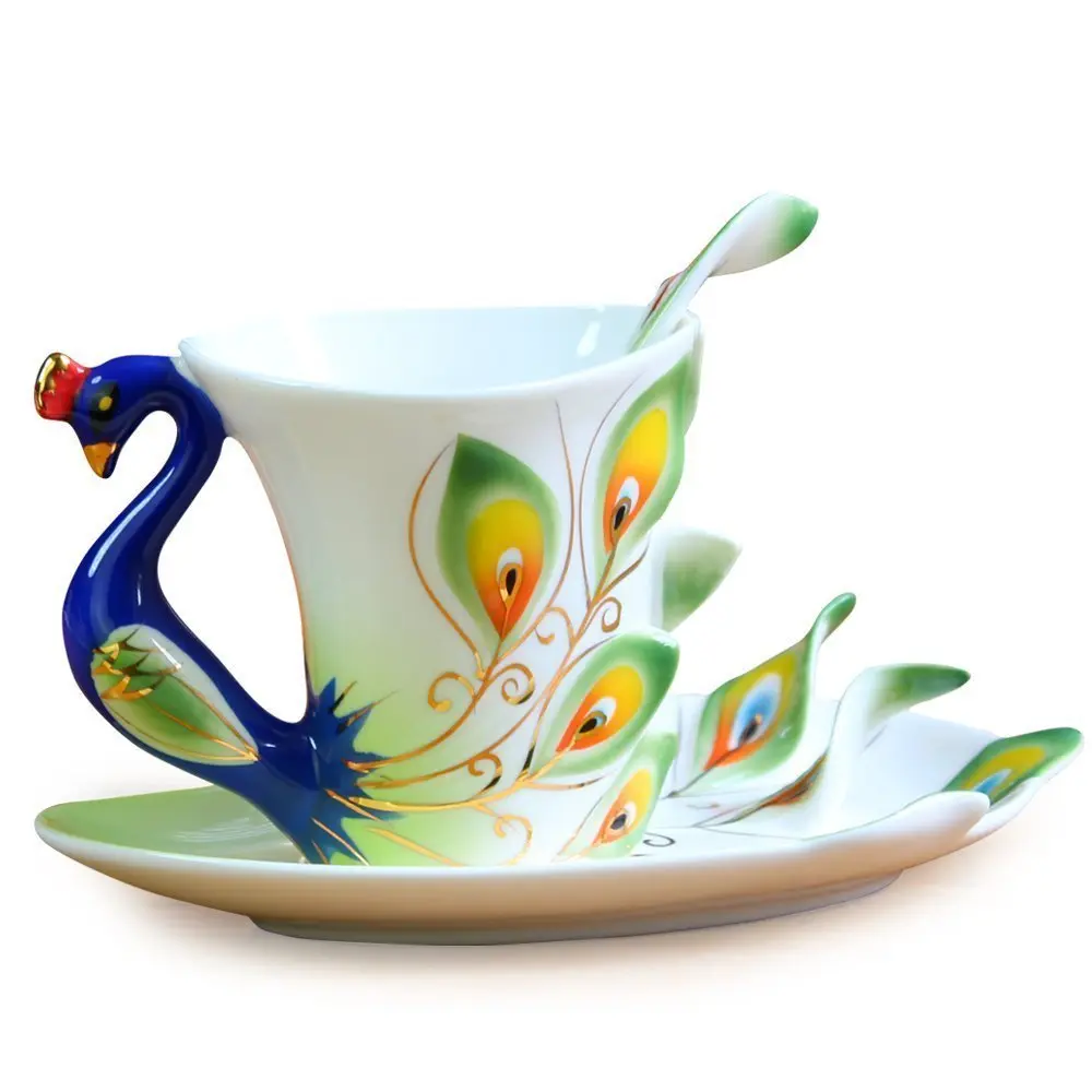 vanki Peacock Theme Porcelain Tea Cup and Saucer Set with Spoon, 200ml (6.8 Fl Oz) | Romantic Creative Present - view 2