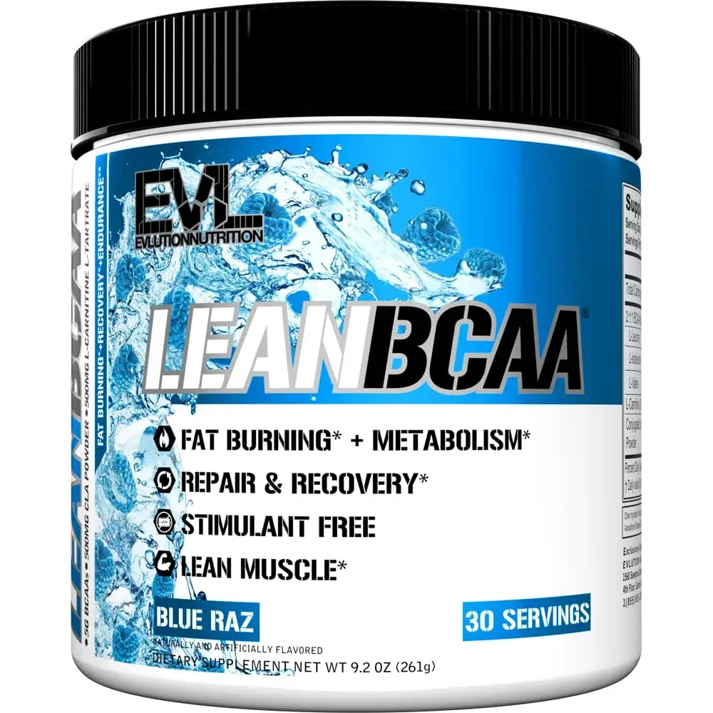 Evlution EVL LeanBCAA Powder with CLA & Carnitine, Blue Raz 267g (8.4 Oz) | Gluten-Free Muscle Recovery & Fat Burn Support - main product image