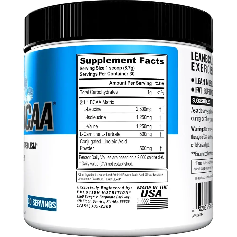 Evlution EVL LeanBCAA Powder with CLA & Carnitine, Blue Raz 267g (8.4 Oz) | Gluten-Free Muscle Recovery & Fat Burn Support - view 2
