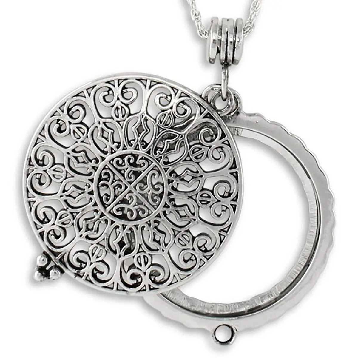 Artisan Owl Ornate Filigree 4x Magnifying Glass Pendant Necklace, 30" (Silver Tone) | Unobstructed Reading Accessory - main product image