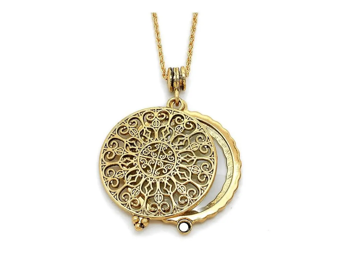 Artisan Owl Ornate Filigree 4x Magnifying Glass Pendant Necklace, 30" (Gold Tone) | Adjustable Sliding Top Design for Reading - main product image