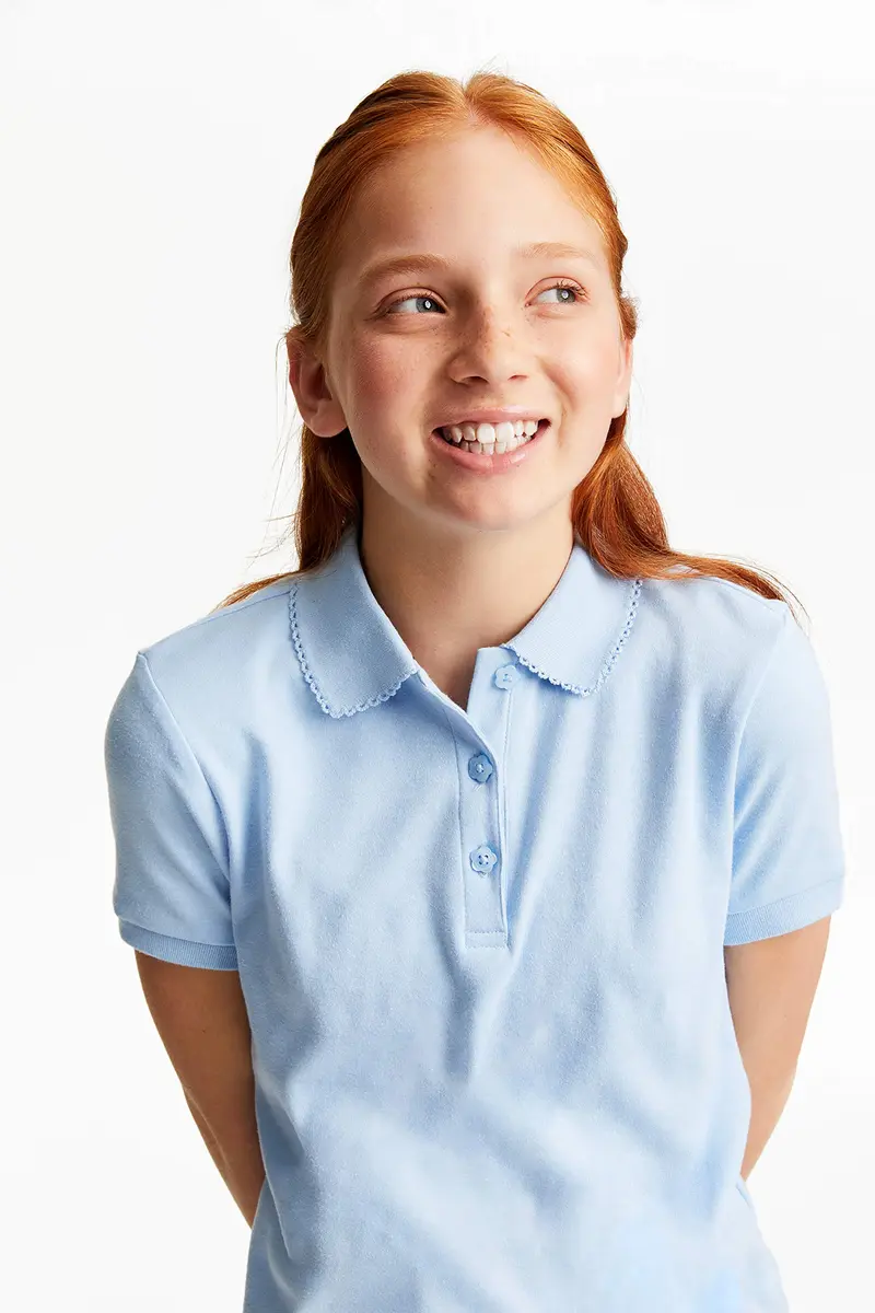 French Toast Girls' Plus Sized Short Sleeve Polo with Picot Collar, Light Blue, 14-16 Plus | School Uniform Style & Comfort - view 3