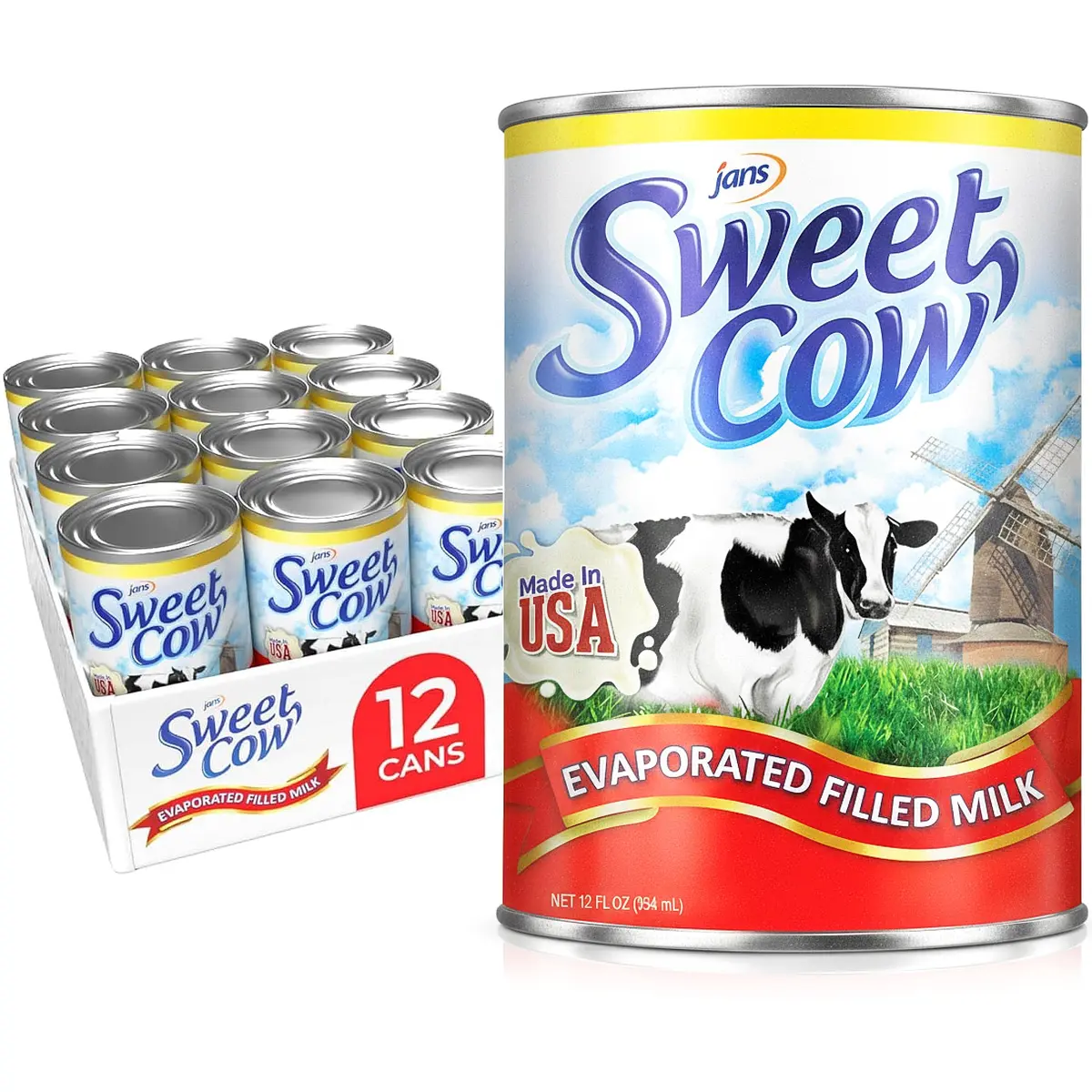 Jans Sweet Cow Evaporated Dairy Milk 164.4 ml (13.7 Fl Oz) Pack of 12 | Rich & Creamy Taste for Cooking, Baking, Coffee & Tea - main product image