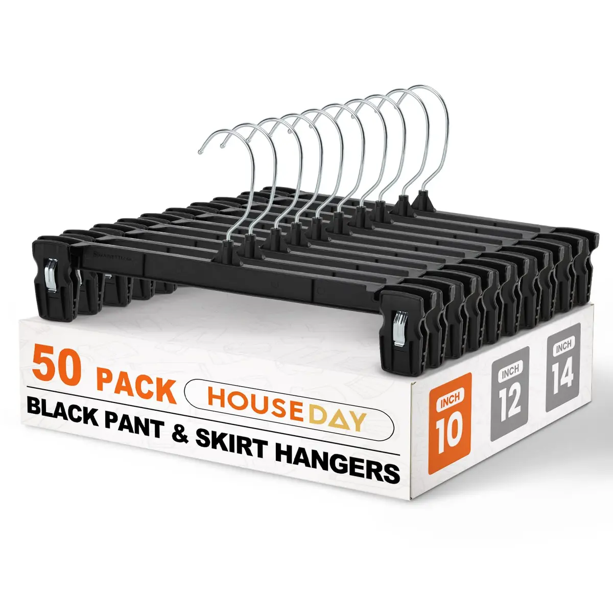 HOUSE DAY Black Pants Hangers with Clips 50 Pack, 10 Inch Skirt Hangers | Eco-Friendly Plastic, Strong Clips, 360° Swivel Hook - main product image