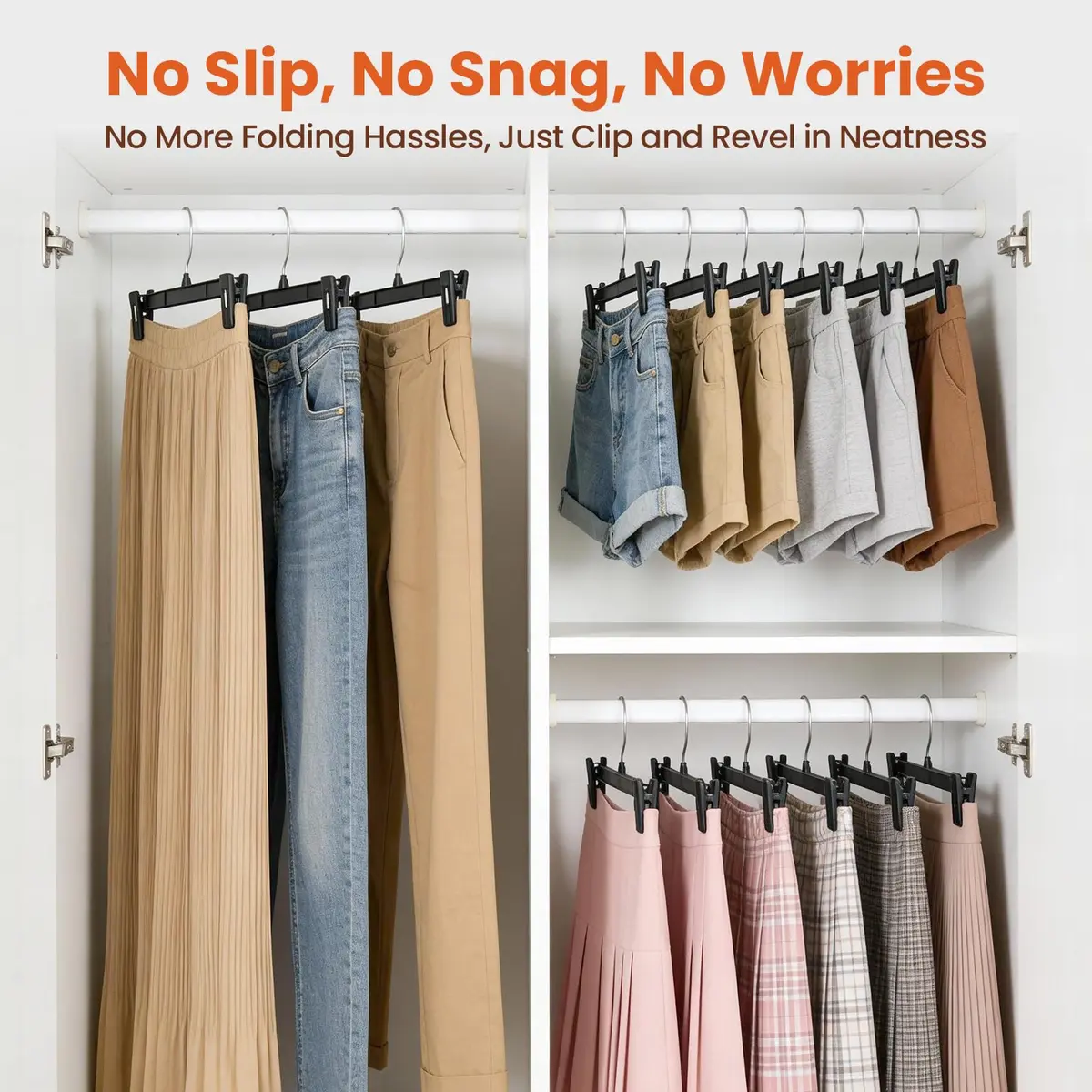 HOUSE DAY Black Pants Hangers with Clips 50 Pack, 10 Inch Skirt Hangers | Eco-Friendly Plastic, Strong Clips, 360° Swivel Hook - view 5