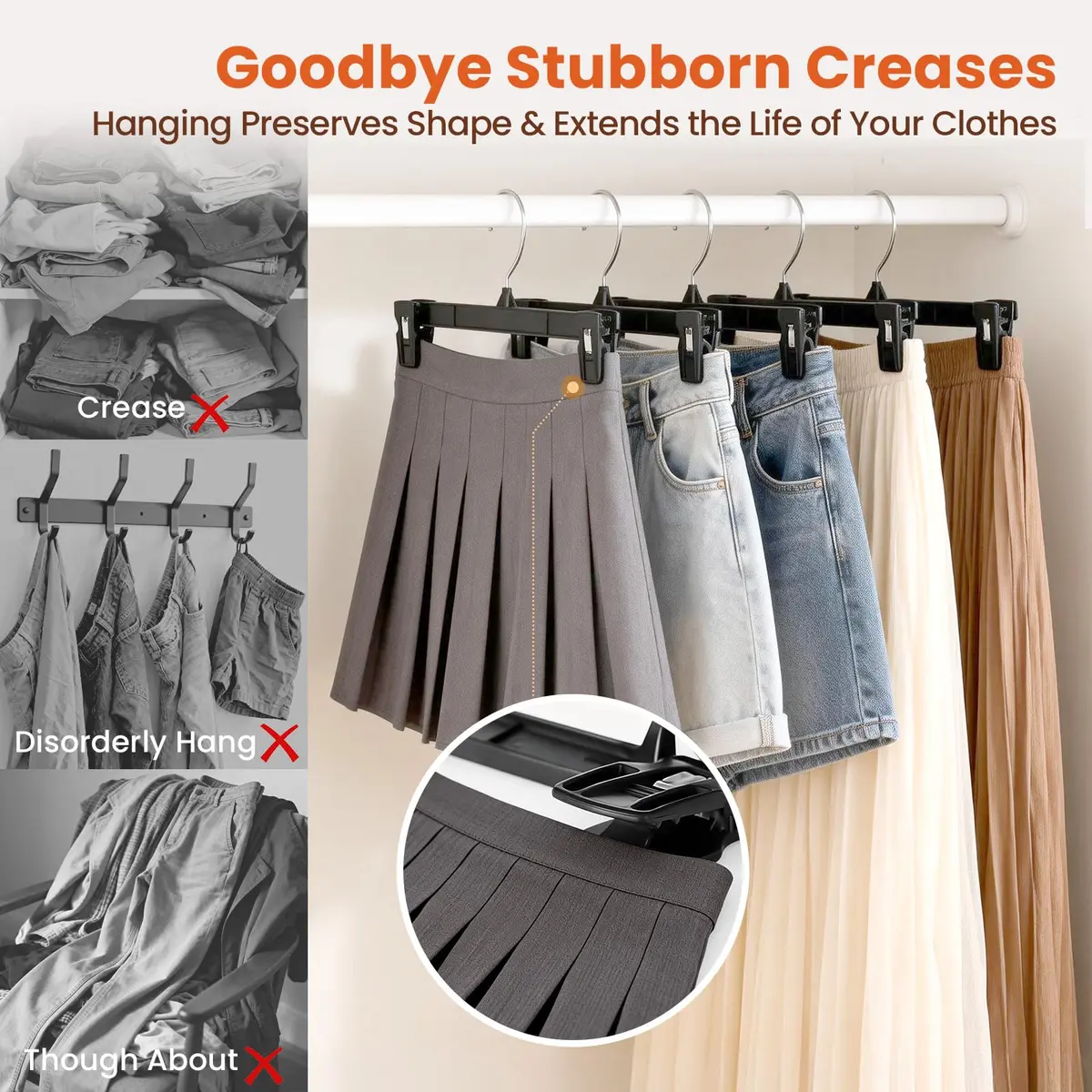 HOUSE DAY Black Pants Hangers with Clips 50 Pack, 10 Inch Skirt Hangers | Eco-Friendly Plastic, Strong Clips, 360° Swivel Hook - view 7