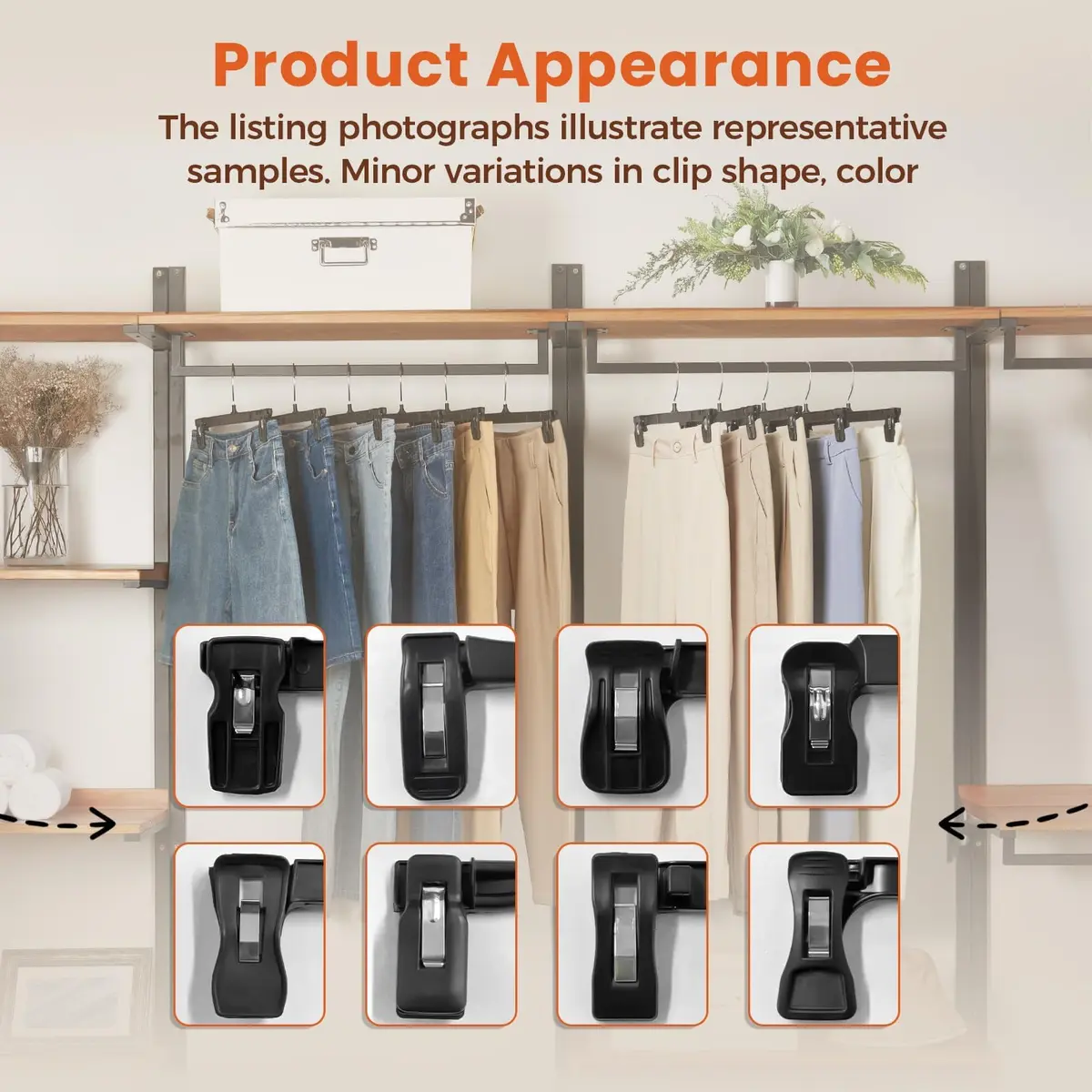 HOUSE DAY Black Pants Hangers with Clips 50 Pack, 10 Inch Skirt Hangers | Eco-Friendly Plastic, Strong Clips, 360° Swivel Hook - view 9