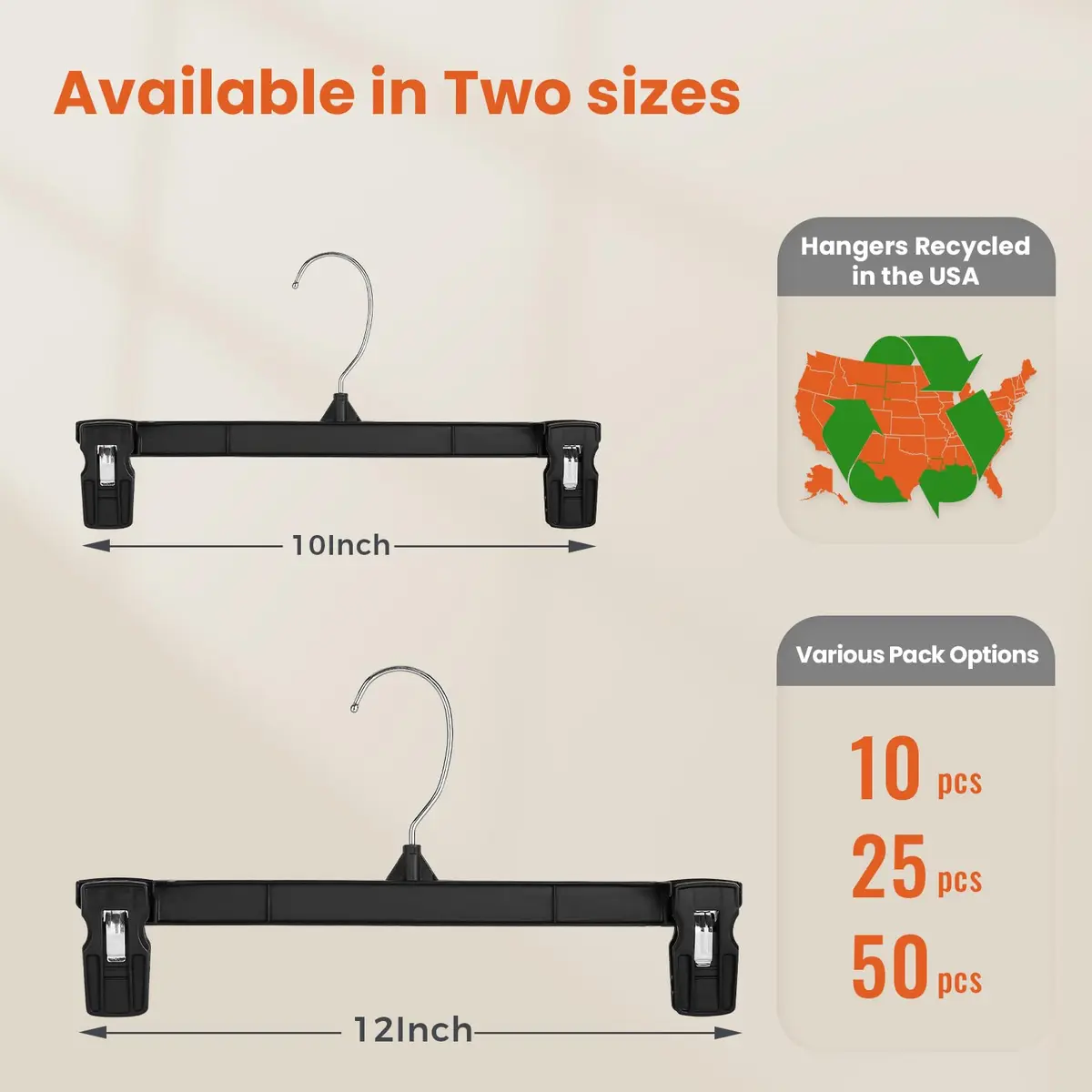 HOUSE DAY Black Pants Hangers with Clips 50 Pack, 10 Inch Skirt Hangers | Eco-Friendly Plastic, Strong Clips, 360° Swivel Hook - view 2