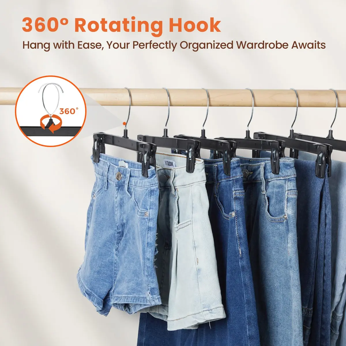 HOUSE DAY Black Pants Hangers with Clips 50 Pack, 10 Inch Skirt Hangers | Eco-Friendly Plastic, Strong Clips, 360° Swivel Hook - view 4