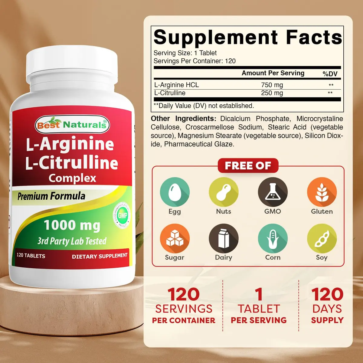 Best Naturals Arginine Citrulline Complex 1000 Mg 120 Tablets | Amino Acid Supplement for Muscle Metabolism - view 2