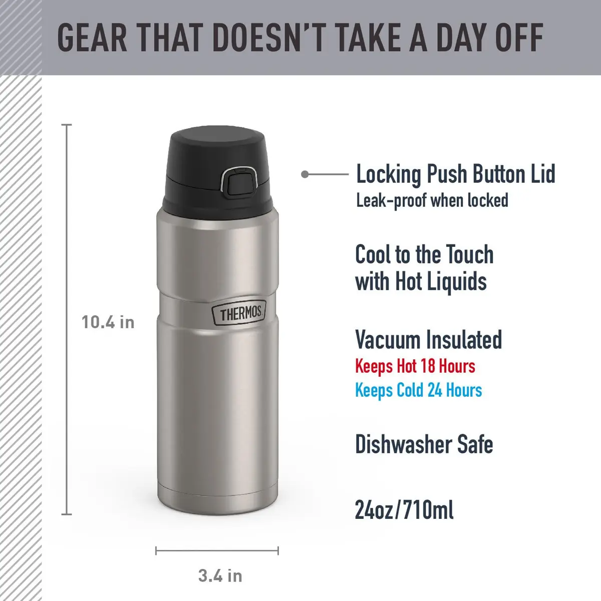 THERMOS Stainless King Vacuum-Insulated Drink Bottle 24 Ounce | Hot 18H & Cold 24H | Matte Steel - view 2