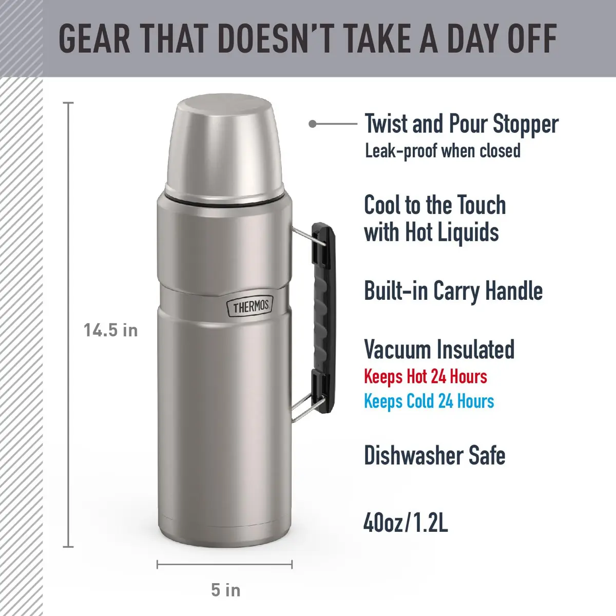 THERMOS Stainless King Vacuum-Insulated Beverage Bottle 68oz | Keeps Hot/Cold 24h, Matte Steel - view 2