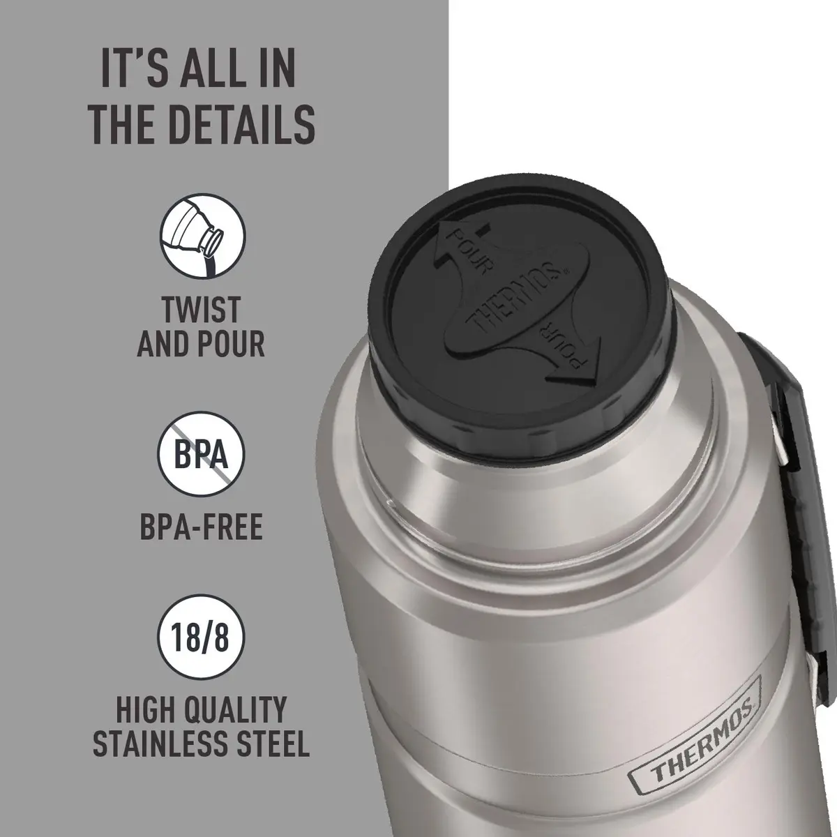 THERMOS Stainless King Vacuum-Insulated Beverage Bottle 68oz | Keeps Hot/Cold 24h, Matte Steel - view 4