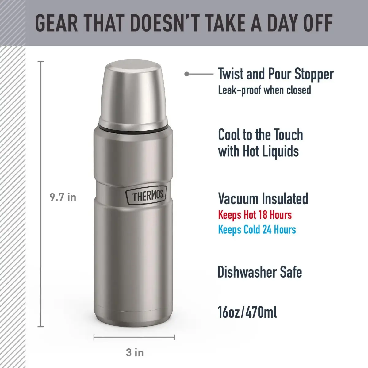 THERMOS Stainless King Compact Bottle 591ml (16 Ounce) | Keeps Drinks Hot 18 Hrs, Cold 24 Hrs - view 3