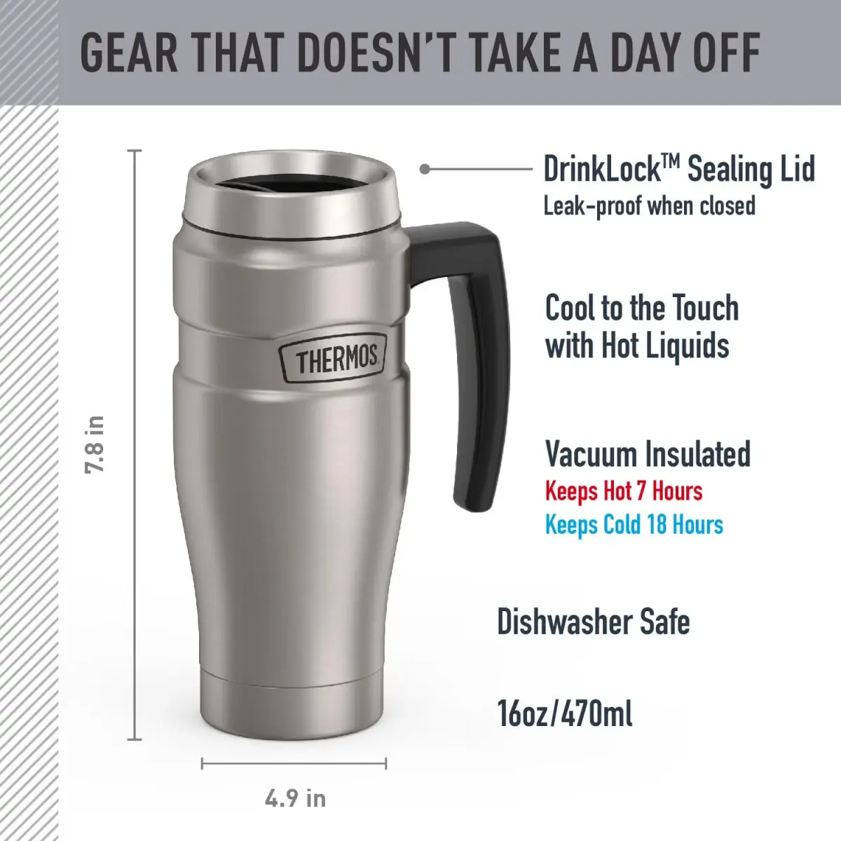 THERMOS Stainless King Vacuum-Insulated Travel Mug with Handle - 16oz (473ml) | Keeps Drinks Hot for 7 Hours, Cold for 18 Hours - view 2