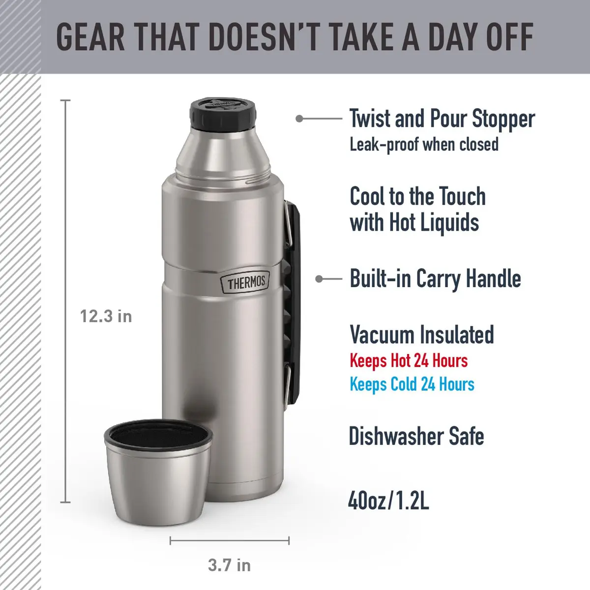 THERMOS Stainless King 40oz Beverage Bottle | 1.18 L (40 fl oz) Vacuum Insulated Steel Flask - view 2