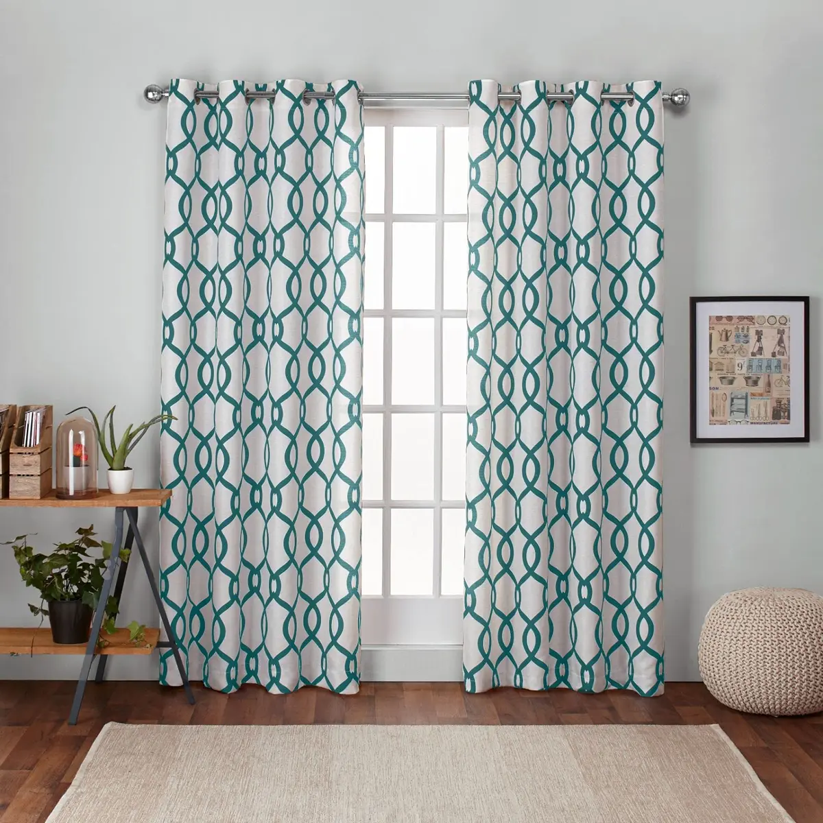 Exclusive Home Kochi Light Filtering Linen Blend Grommet Top Curtain Panel Pair, 54"x96", Teal | Geometric,Contemporary Design - main product image