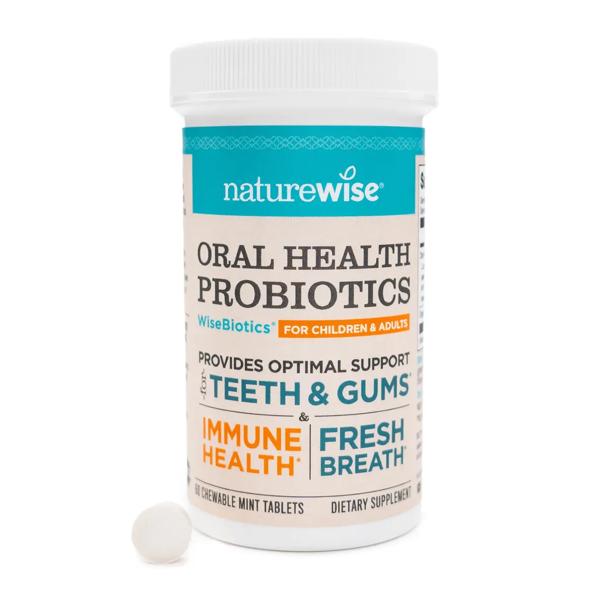NatureWise Oral Probiotics for Mouth Bad Breath 60 Chewable Mint Tablets | Sugar-Free, Non-GMO, USA Manufactured - main product image