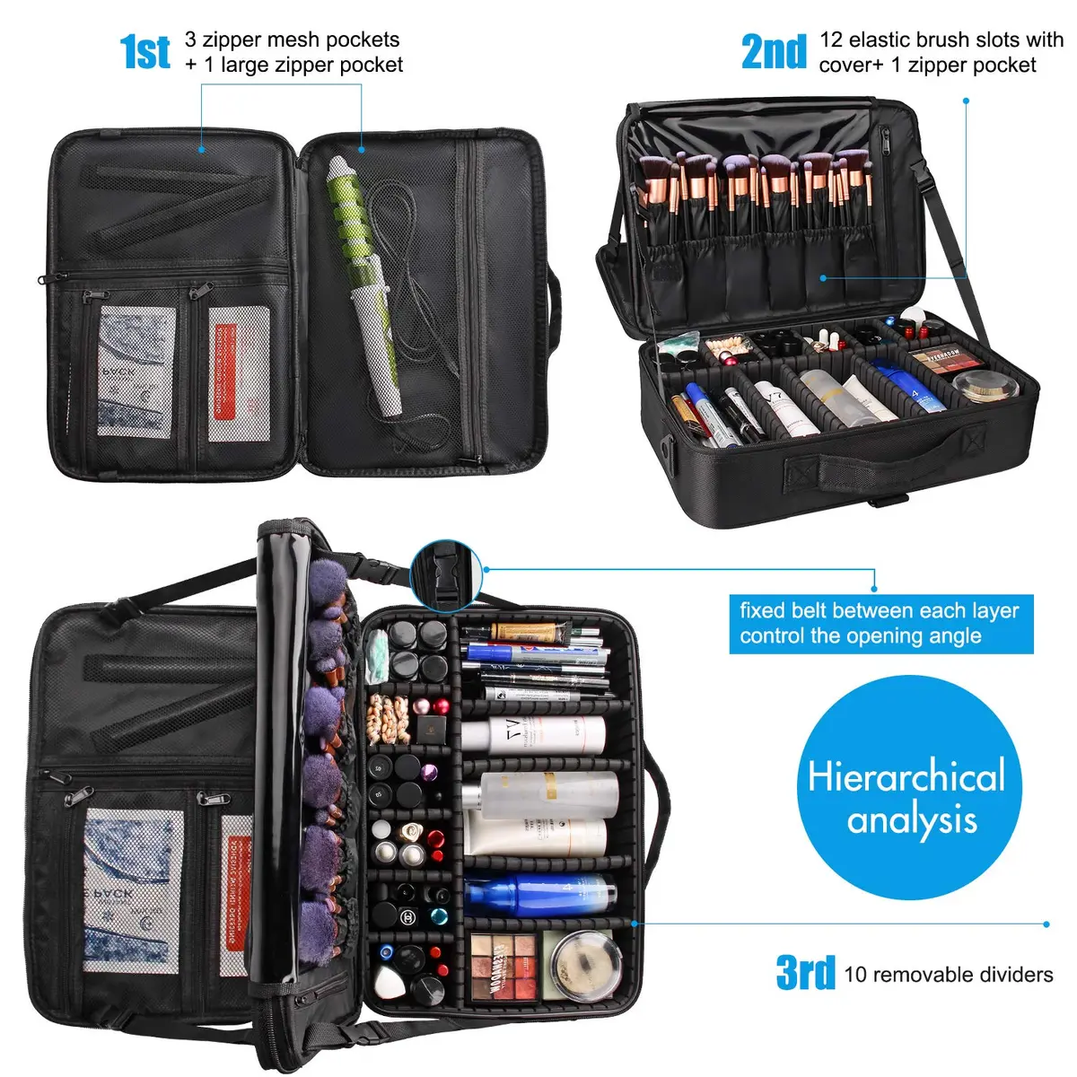 Relavel Makeup Case Large Makeup Bag Professional Train Case 16.5 inches | Waterproof, 3 Layer Capacity with Adjustable Strap - view 4