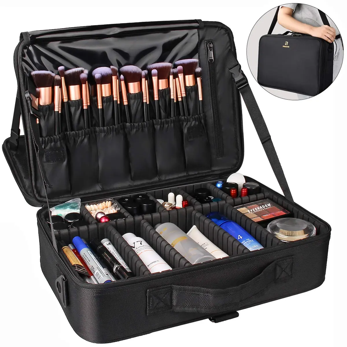 Relavel Makeup Case Large Makeup Bag Professional Train Case 16.5 inches | Waterproof, 3 Layer Capacity with Adjustable Strap - view 7