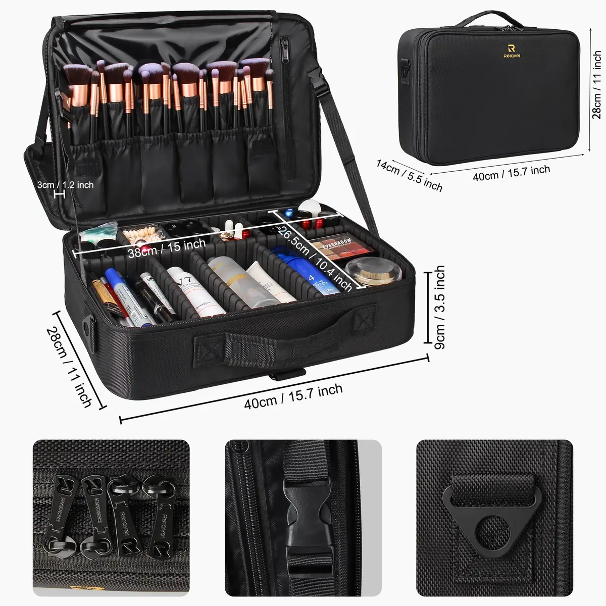 Relavel Makeup Case Large Makeup Bag Professional Train Case 16.5 inches | Waterproof, 3 Layer Capacity with Adjustable Strap - view 2