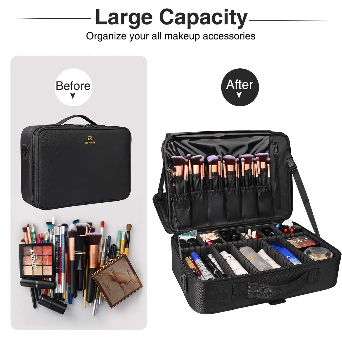 Relavel Makeup Case Large Makeup Bag Professional Train Case 16.5 inches | Waterproof, 3 Layer Capacity with Adjustable Strap - view 3