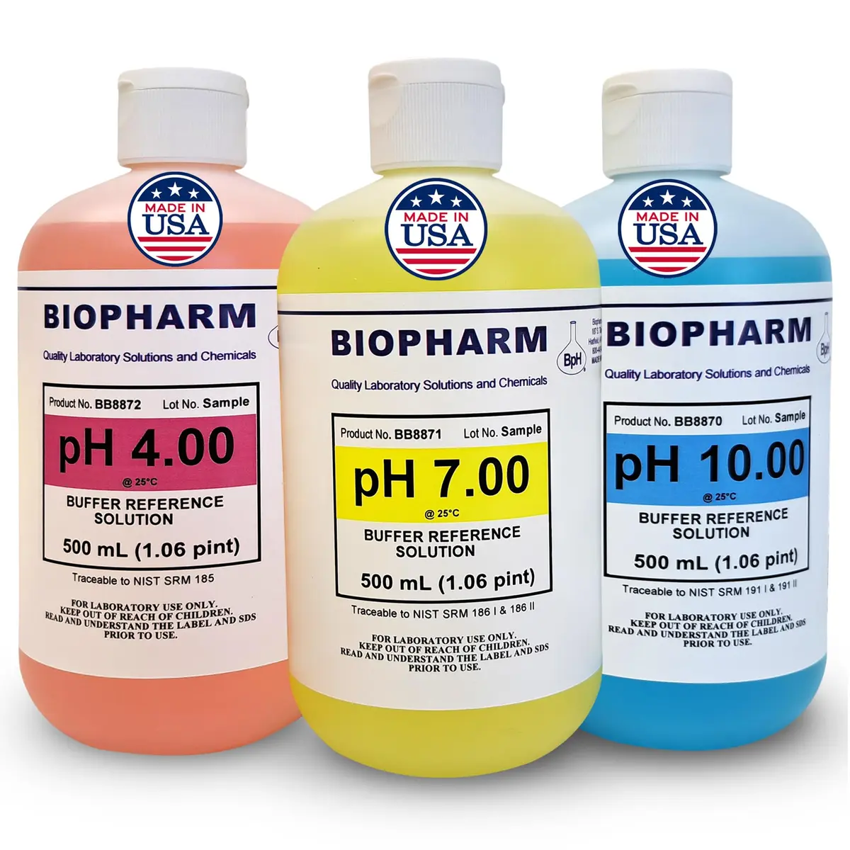 Biopharm pH Calibration Buffer 3-Pack 500 mL | NIST Calibrated, Traceable, Easy Identification - main product image