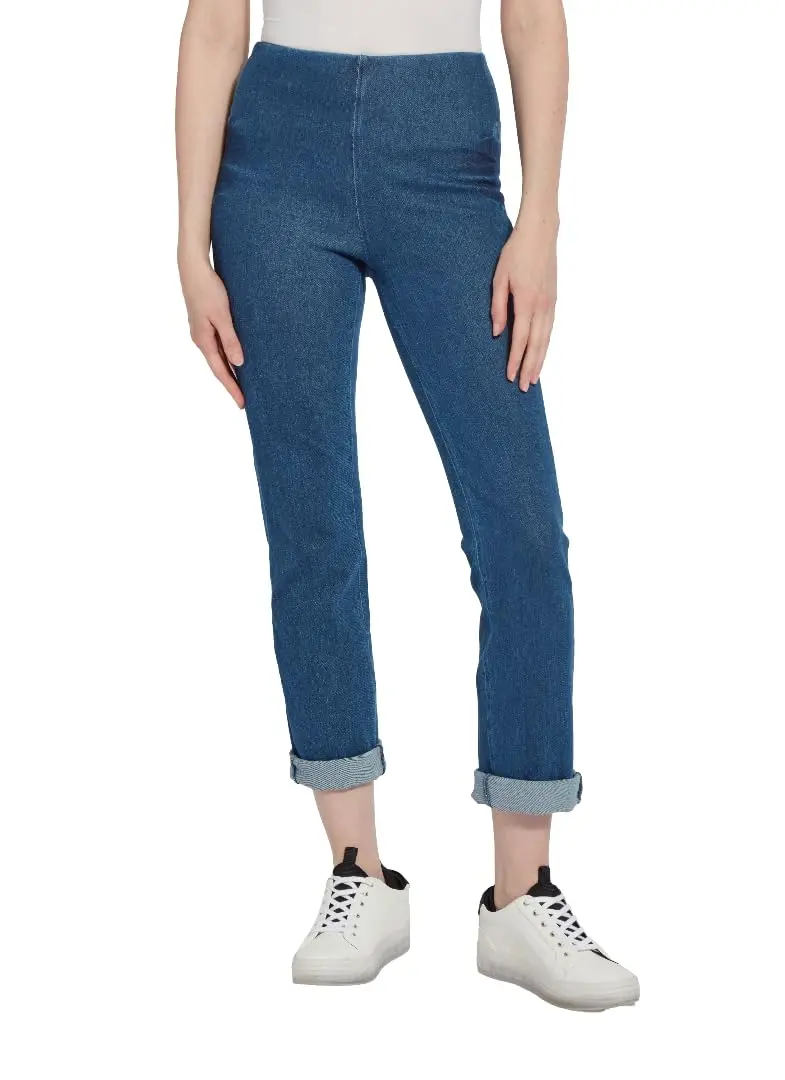 Lyssé Womens Boyfriend Denim Legging Pants | Mid Wash, Small US | Relaxed Fit & High Stretch - main product image