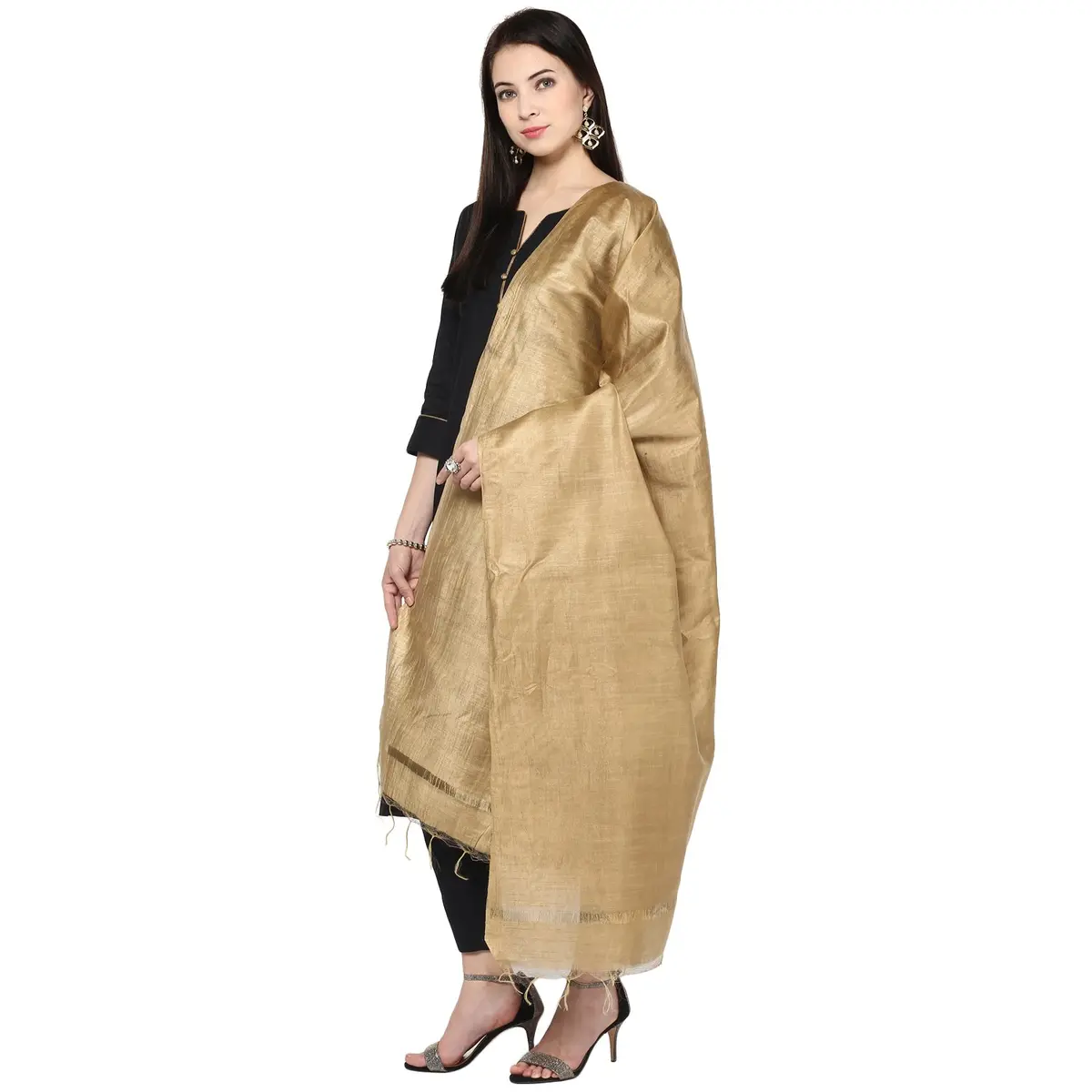 DUPATTA BAZAAR Gold Cotton Silk Dupatta 240 cm (2.62 yd) | Traditional Elegance with Fringed Border - main product image