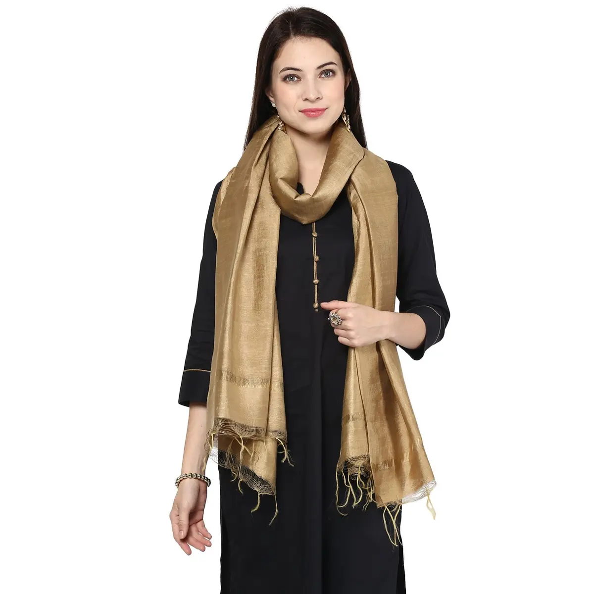 DUPATTA BAZAAR Gold Cotton Silk Dupatta 240 cm (2.62 yd) | Traditional Elegance with Fringed Border - view 2
