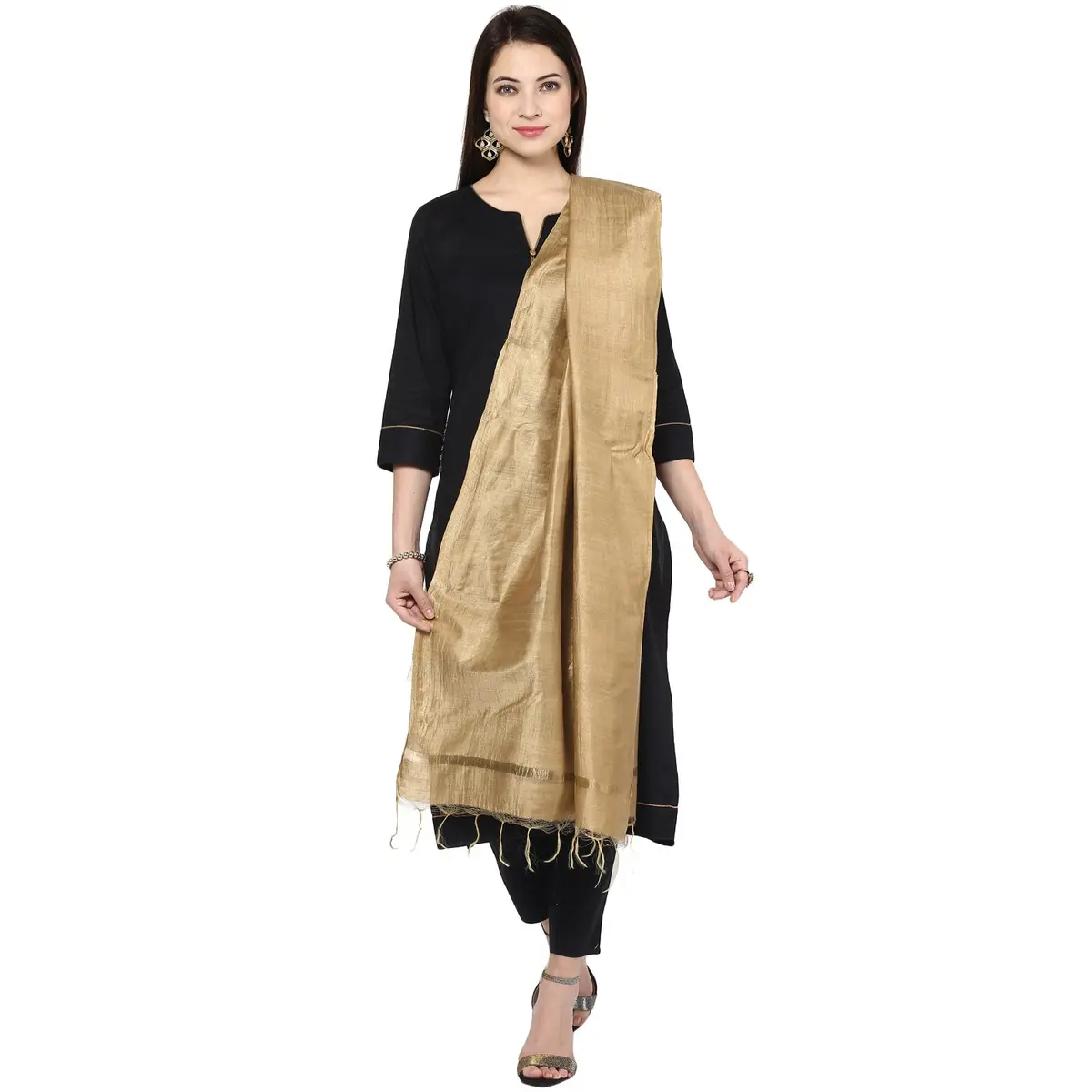 DUPATTA BAZAAR Gold Cotton Silk Dupatta 240 cm (2.62 yd) | Traditional Elegance with Fringed Border - view 3