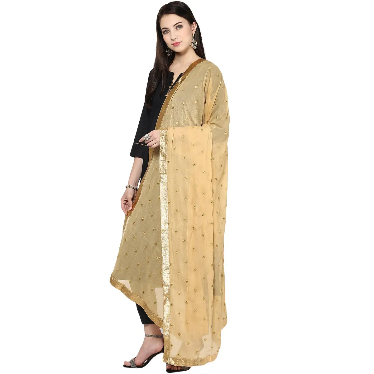 DUPATTA BAZAAR Embroidered Beige Chiffon Dupatta 235 x 92 cm (92"L x 36"W) | Soft Flowy Ethnic Wrap - main product image
