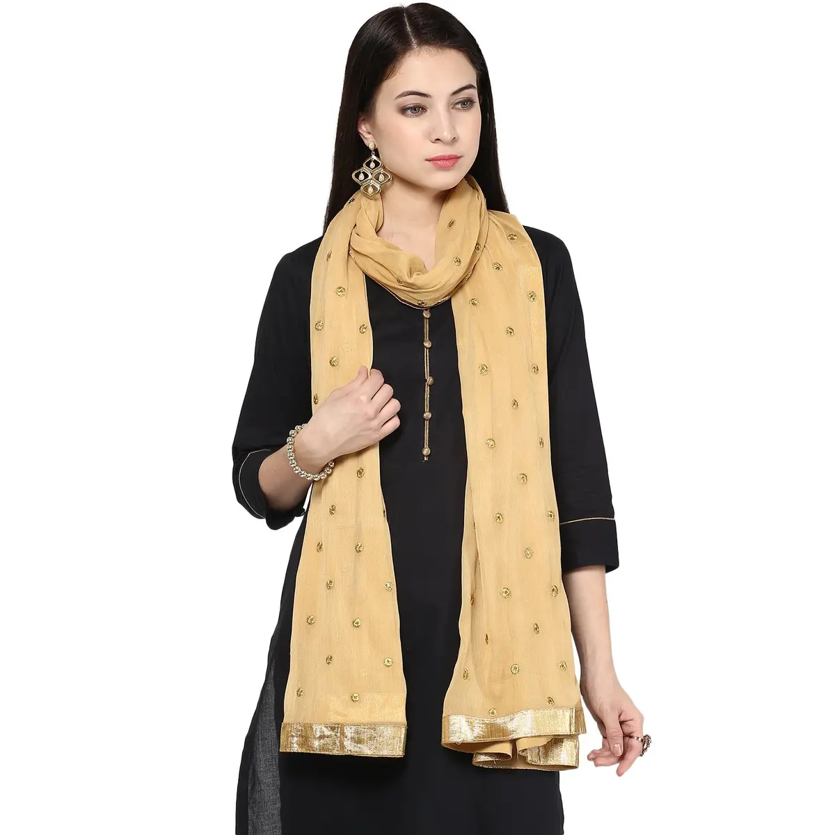 DUPATTA BAZAAR Embroidered Beige Chiffon Dupatta 235 x 92 cm (92"L x 36"W) | Soft Flowy Ethnic Wrap - view 2