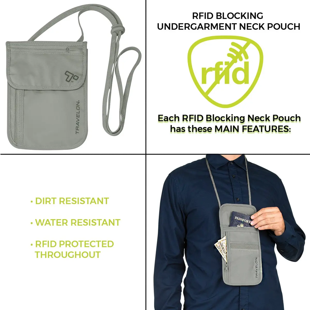 Travelon RFID Blocking Undergarment Neck Pouch Wallet Gray | Secure Travel Essential - view 5