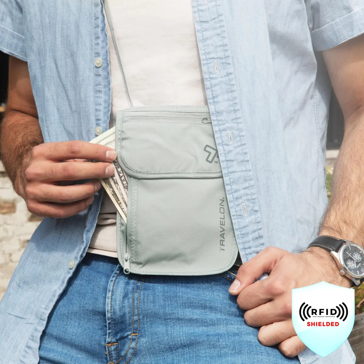Travelon RFID Blocking Undergarment Neck Pouch Wallet Gray | Secure Travel Essential - view 2