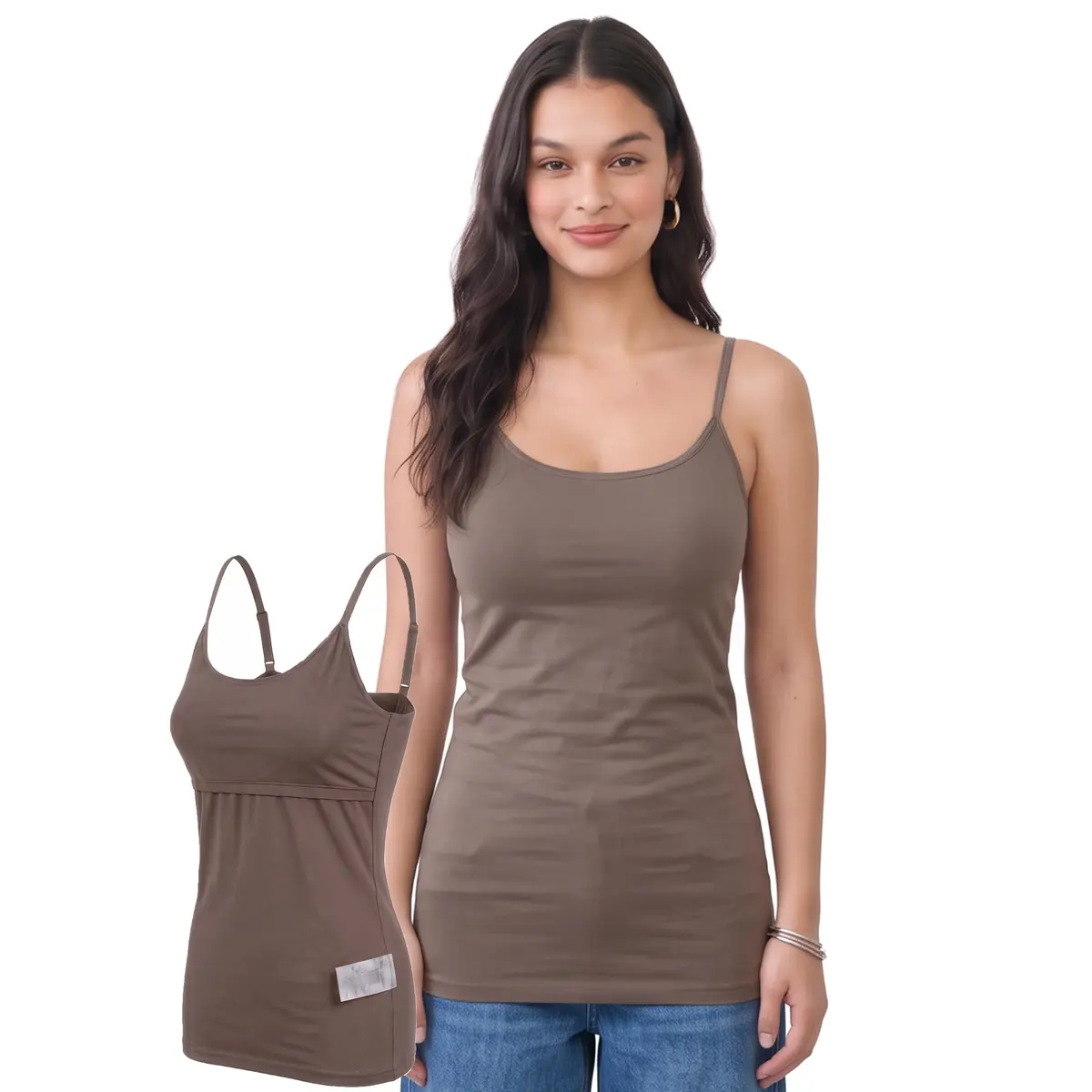 Emmalise Women Camisole Built-in Fabric Bra Wireless Support Long Torso Cami, Mocha Medium | All-Day Comfort & Support - main product image