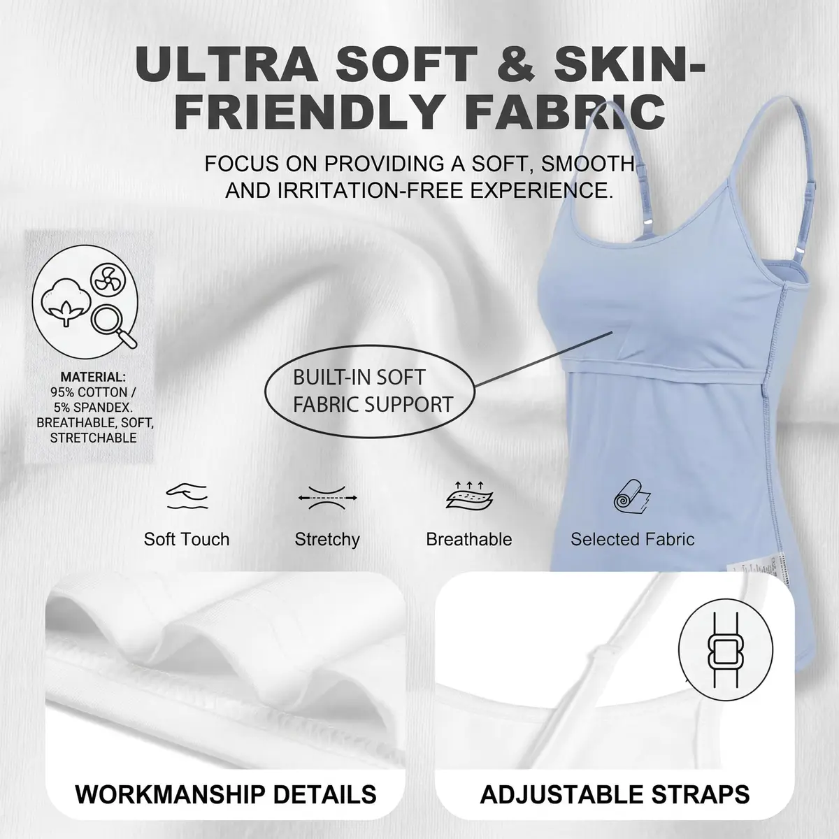 Emmalise Women Camisole Built-in Fabric Bra Wireless Support Long Torso Cami, Mocha Medium | All-Day Comfort & Support - view 5